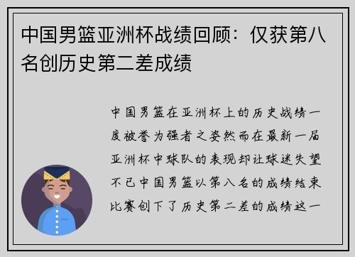 中国男篮亚洲杯战绩回顾：仅获第八名创历史第二差成绩