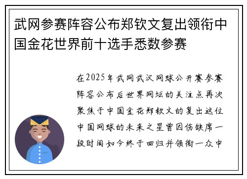 武网参赛阵容公布郑钦文复出领衔中国金花世界前十选手悉数参赛